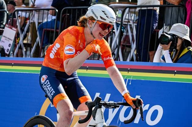 Dutch Puck Pieterse crosses the finish line at the elite women Road Race race (180,4 km) at the cycling World Championship, WM, Weltmeisterschaft in Montreal, Canada, Saturday 26 September 2026. The UCI road world championships are taking place from 20 to 27 September, in Montreal, Canada. JASPERxJACOBS  x187909089x