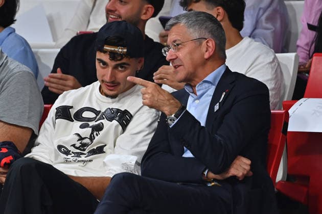 Aleksandar PAVLOVIC of Bayern Munich in the stands with Herbert HAINER, president of Bayern Munich; Basketball BBL, 2026–2027 season; FC Bayern Munich vs. Alba Berlin on September 26, 2026, at BMW Park