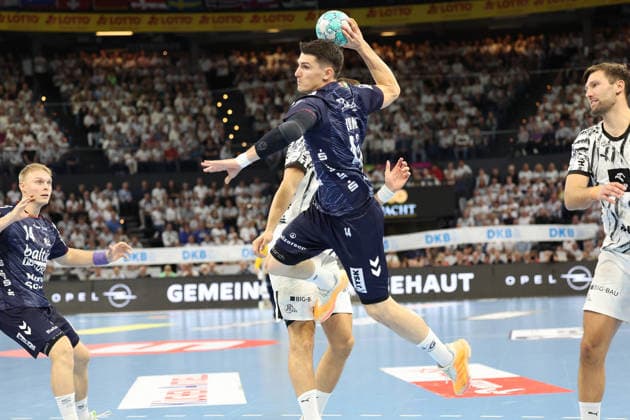September 26, 2026, xBHAx, Handball, Opel HBL, 2026–2027 season, 1st HBL, THW Kiel vs. SG Flensburg-Handewitt, Merkur Ostseehalle: Aymeric Minne of SG Flensburg-Handewitt, No. 44, on the attack against Harald Reinkind of THW Kiel, No. 6; Schleswig-Holstein, Germany