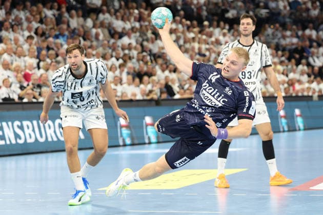September 26, 2026, xBHAx, Handball, Opel HBL, 2026–2027 Season, 1st HBL, THW Kiel vs. SG Flensburg Handewitt, Merkur Ostseehalle, Harald Reinkind (THW Kiel) 6 vs. Emil Siersbäk Bergholt (SG Flensburg Handewitt) 14, Attack, Schleswig-Holstein, Germany