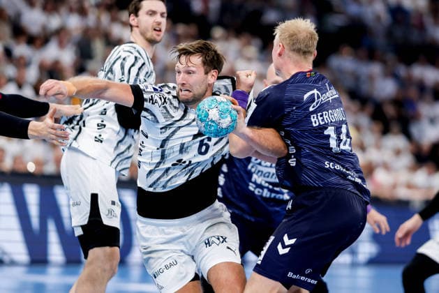 Kiel, September 26, 2026; Handball, 2026–27 Bundesliga 1, THW Kiel vs. SG Flensburg-Handewitt; Harald Reinkind (THW Kiel), 6; Emil Siersbaek Bergholt (SG Flensburg-Handewitt), 14