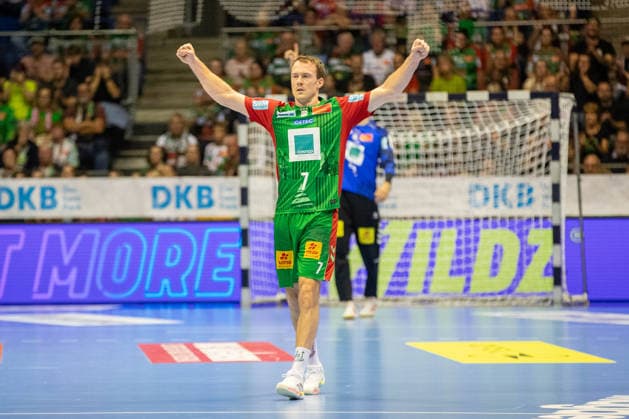 September 26, 2026, xgox, Handball Opel HBL SC Magdeburg vs. SG BBM Bietigheim emspor, from left: Felix Claar (Magdeburg), 7, celebration, goal celebration, celebrating the goal, Magdeburg