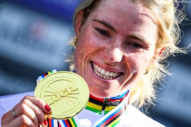 Dutch Demi Vollering , winner of the gold medal celebrates on the podium of the elite women Road Race race (180,4 km) at the cycling World Championship, WM, Weltmeisterschaft in Montreal, Canada, Saturday 26 September 2026. The UCI road world championships are taking place from 20 to 27 September, in Montreal, Canada. JASPERxJACOBS  x187911711x