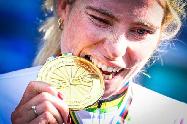 Dutch Demi Vollering , winner of the gold medal celebrates on the podium of the elite women Road Race race (180,4 km) at the cycling World Championship, WM, Weltmeisterschaft in Montreal, Canada, Saturday 26 September 2026. The UCI road world championships are taking place from 20 to 27 September, in Montreal, Canada. JASPERxJACOBS  x187911703x