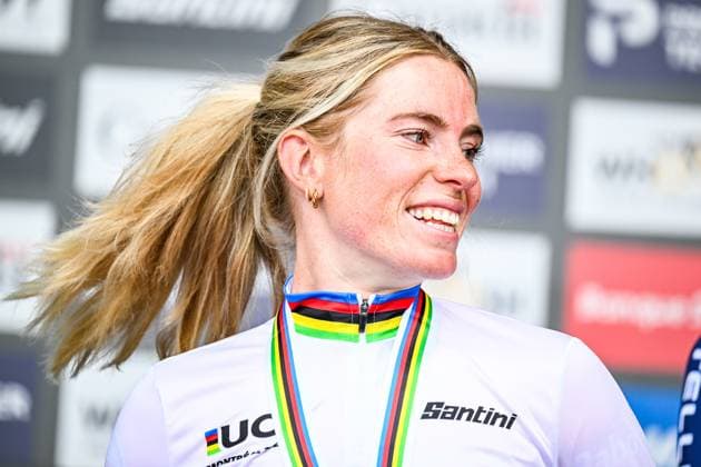Dutch Demi Vollering , winner of the gold medal celebrates on the podium of the elite women Road Race race (180,4 km) at the cycling World Championship, WM, Weltmeisterschaft in Montreal, Canada, Saturday 26 September 2026. The UCI road world championships are taking place from 20 to 27 September, in Montreal, Canada. JASPERxJACOBS  x187911783x