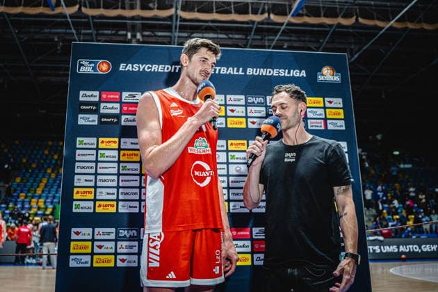 September 26, 2026, xhfmx, easyCredit BBL Bundesliga Basketball, Frankfurt Skyliners vs. Rasta Vechta, Tibor Pleiß of Rasta Vechta in a postgame interview with Paul Gudde in Frankfurt am Main