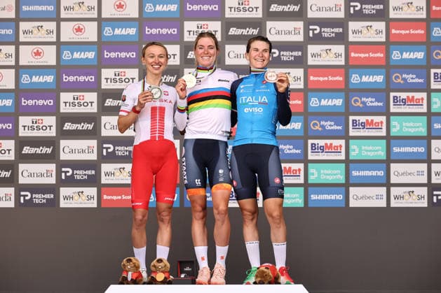 2026 UCI Road World Championships Picture by Alex Whitehead SWpix.com - 26 09 2026 - Cycling - 2026 UCI Road World Championships - MontrÃ al, Canada - Women Elite Road Race Podium - Demi Vollering (Netherlands) Gold Medalist and World Champion, Kasia Niewiadoma-Phinney (Poland) Silver Medalist and Elisa Longo Borghini (Italy) Bronze Medalist MontrÃ al Avenue du Parc Canada Copyright: x xSWpix.comx(t axPhotographyxHubxLtd)xAlexxWhitehead SWpix.comx SWP-3521-4519