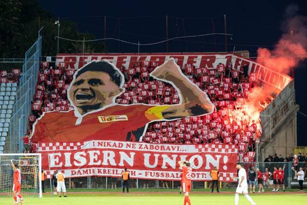 Soccer, Men s, 2026–2027 season, friendly match, HNK Rijeka vs. 1. FC Union Berlin, Damir Kreilach’s farewell match, pictured: the visitors’ section, Union fans celebrating former captain Damir Kreilach, September 26, 2026, Copyright: xMatthiasxKochx