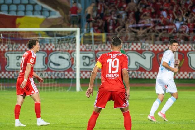 Soccer, Men s, 2026–2027 Season, Friendly Match, HNK Rijeka vs. 1. FC Union Berlin, Damir Kreilach’s Farewell Match, pictured from left: Tim Skarke (1. FC Union Berlin), Damir Kreilach in a 1. FC Union Berlin jersey, 1. FC Union Berlin fans in the background, September 26, 2026, Copyright: xMatthiasxKochx