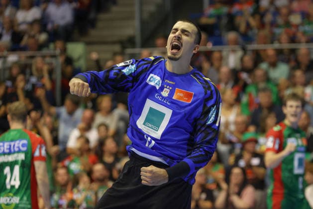 September 26, 2026, xtgx, Opel HBL Handball, SC Magdeburg vs. SG BBM Bietigheim emspor, from left: Matej Mandic (Magdeburg), 12 celebrating a saved shot, blocked, saved, Magdeburg goalkeeper