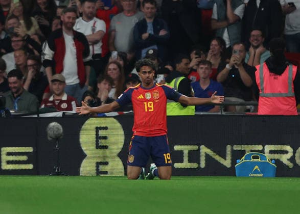 RECORD DATE NOT STATED 26th September 2026; Wembley Stadium, London, England; UEFA Nations League Football, England versus Spain; Lamine Yamal of Spain celebrates after scoring his sides 1st goal in the 1st minute to make it 0-1 JohnxPatrickxFletcher