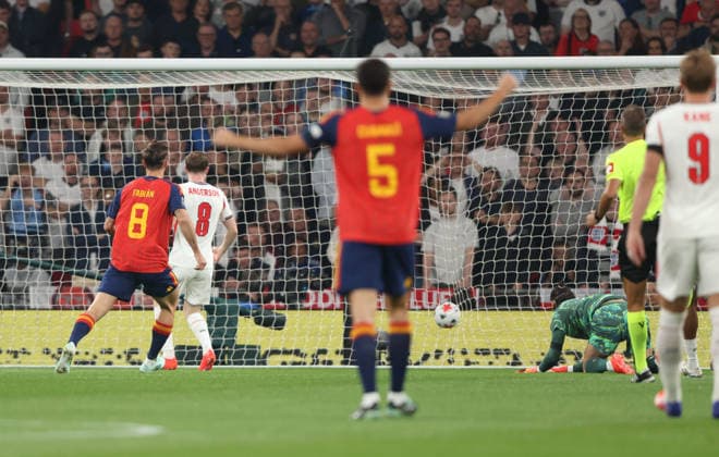 England s James Trafford can only watch the ball hit the back of the net as Spain score the first goal (0-1) at the England v Spain UEFA Nations League Group 3 match, at Wembley Stadium, London, UK, on 26th September, 2026.  .