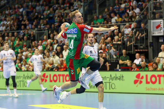 September 26, 2026, xgox, Handball: Opel HBL SC Magdeburg vs. SG BBM Bietigheim emspor, from left: Omar Ingi Magnusson (Magdeburg), 14 shots on goal, goal scorer, scores a goal, Magdeburg