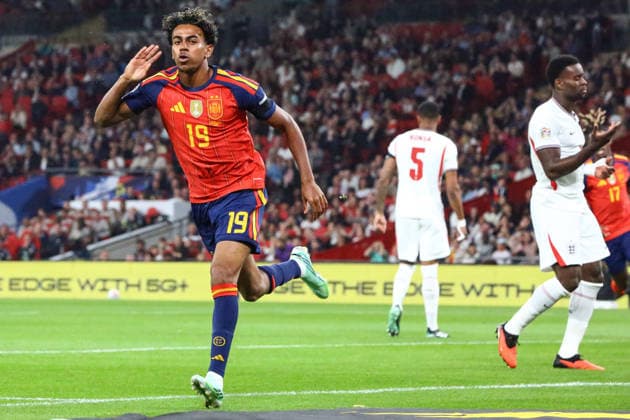 LONDON, ENGLAND, SEPTEMBER 26: Lamine Yamal of Spain celebrates scoring the opening goal during a UEFA Nations League Group 3 match between England and Spain at the Wembley Stadium on September 26, 2026 in London, England. (Photo by Zach Forster Sports Press Photo) Copyright: xZachxForster SportsxPressxPhotox Sportspressphoto_SPR240298