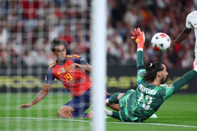 London, England, 26th September 2026. Lamine Yamal of Spain scores to make it 1-0 during the England vs Spain UEFA Nations League match at Wembley Stadium, London. Picture credit should read: Paul Terry Sportimage EDITORIAL USE ONLY. No use with unauthorised audio, video, data, fixture lists, club league logos or live services. Online in-match use limited to 120 images, no video emulation. No use in betting, games or single club league player publications. SPI_025_PT_England_Spain SPI-5020-0024