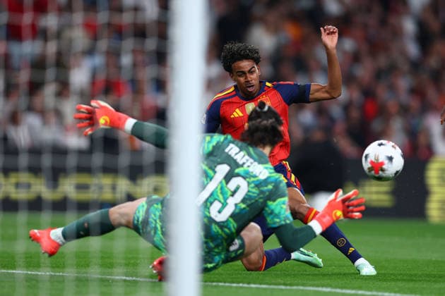 London, England, 26th September 2026. Lamine Yamal of Spain scores to make it 1-0 during the England vs Spain UEFA Nations League match at Wembley Stadium, London. Picture credit should read: Paul Terry Sportimage EDITORIAL USE ONLY. No use with unauthorised audio, video, data, fixture lists, club league logos or live services. Online in-match use limited to 120 images, no video emulation. No use in betting, games or single club league player publications. SPI_026_PT_England_Spain SPI-5020-0025