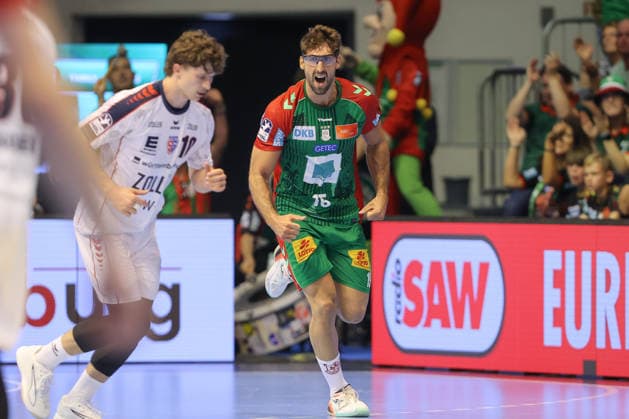 September 26, 2026, xtgx, Opel HBL Handball, SC Magdeburg vs. SG BBM Bietigheim emspor, from left: Antonio Serradilla Cuenca (Magdeburg), 15, celebration, goal celebration, celebrating the goal, Magdeburg celebration