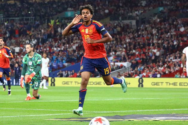 LONDON, ENGLAND, SEPTEMBER 26: Lamine Yamal of Spain celebrates scoring Spains opening goal during a UEFA Nations League Group 3 match between England and Spain at the Wembley Stadium on September 26, 2026 in London, England. (Photo by Zach Forster Sports Press Photo) Copyright: xZachxForster SportsxPressxPhotox Sportspressphoto_SPR240299