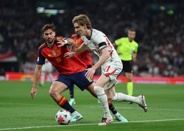 RECORD DATE NOT STATED 26th September 2026; Wembley Stadium, London, England; UEFA Nations League Football, England versus Spain; Anthony Gordon of England under pressure from Fabian Ruiz of Spain JohnxPatrickxFletcher