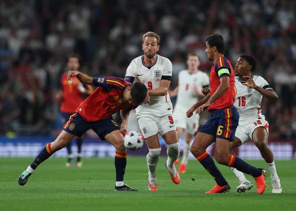 RECORD DATE NOT STATED 26th September 2026; Wembley Stadium, London, England; UEFA Nations League Football, England versus Spain; Harry Kane of England under pressure from Pau Cubarsi and Rodri of Spain JohnxPatrickxFletcher