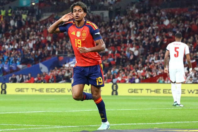 LONDON, ENGLAND, SEPTEMBER 26: Lamine Yamal of Spain celebrates scoring Spains opening goal during a UEFA Nations League Group 3 match between England and Spain at the Wembley Stadium on September 26, 2026 in London, England. (Photo by Zach Forster Sports Press Photo) Copyright: xZachxForster SportsxPressxPhotox Sportspressphoto_SPR240326