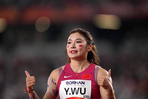 (260926) -- NAGOYA, Sept. 26, 2026 -- Wu Yanni of China reacts after the women s 100m hurdles round 1 match of Athletics at the 20th Asian Games Aichi-Nagoya 2026 in Nagoya, Japan, Sept. 26, 2026. ) (SP)JAPAN-NAGOYA-ASIAN GAMES-ATHLETICS-WOMEN S 100M HURDLES LuixSiuxWai 