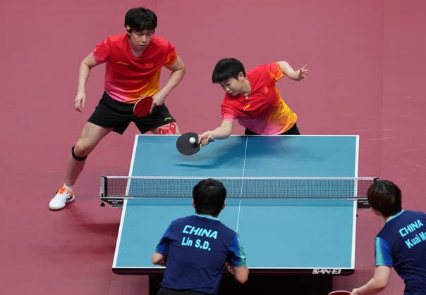 (260926) -- TOYOTA, Sept. 26, 2026 -- Wang Chuqin (top L) Sun Yingsha (top R) of China compete during the mixed doubles final match of Table tennis, Tischtennis between Wang Chuqin Sun Yingsha of China and Lin Shidong Kuai Man of China at the 20th Asian Games Aichi-Nagoya 2026 in Toyota of Aichi Prefecture, Japan, Sept. 26, 2026. ) (SP)JAPAN-TOYOTA-ASIAN GAMES-TABLE TENNIS-MIXED DOUBLES-FINAL CheongxKamxKa 
