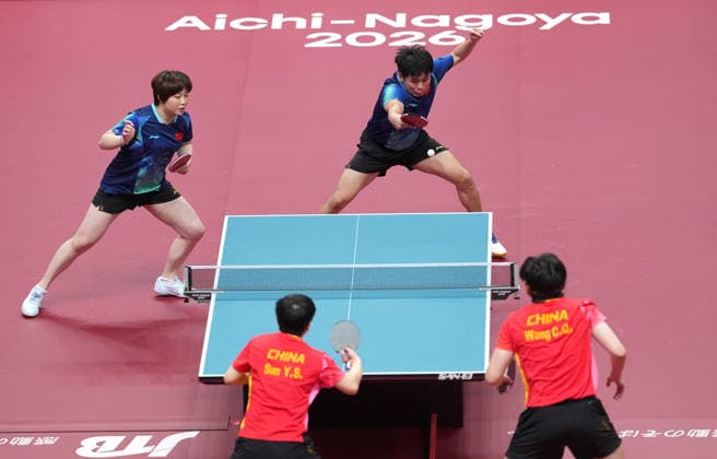 (260926) -- TOYOTA, Sept. 26, 2026 -- Lin Shidong (top R) Kuai Man (top L) of China compete during the mixed doubles final match of Table tennis, Tischtennis between Wang Chuqin Sun Yingsha of China and Lin Shidong Kuai Man of China at the 20th Asian Games Aichi-Nagoya 2026 in Toyota of Aichi Prefecture, Japan, Sept. 26, 2026. ) (SP)JAPAN-TOYOTA-ASIAN GAMES-TABLE TENNIS-MIXED DOUBLES-FINAL CheongxKamxKa 