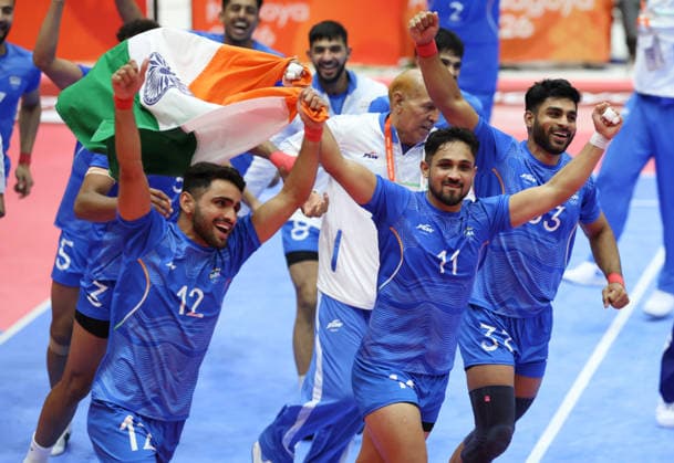(260926) -- TOKAI, Sept. 26, 2026 -- Team India celebrate after winning the men s team final of Kabaddi between India and Iran at the 20th Asian Games Aichi-Nagoya 2026 in Tokai of Aichi Prefecture, Japan, Sept. 26, 2026. ) (SP)JAPAN-TOKAI-ASIAN GAMES-KABADDI-MEN S TEAM FINAL-IND VS IRI DengxHua 