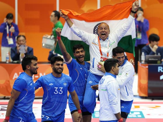 (260926) -- TOKAI, Sept. 26, 2026 -- Team India celebrate after winning the men s team final of Kabaddi between India and Iran at the 20th Asian Games Aichi-Nagoya 2026 in Tokai of Aichi Prefecture, Japan, Sept. 26, 2026. ) (SP)JAPAN-TOKAI-ASIAN GAMES-KABADDI-MEN S TEAM FINAL-IND VS IRI DengxHua 