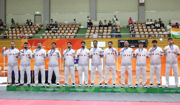(260926) -- TOKAI, Sept. 26, 2026 -- Silver medalists team Iran pose during the awarding ceremony for the men s team final of Kabaddi between India and Iran at the 20th Asian Games Aichi-Nagoya 2026 in Tokai of Aichi Prefecture, Japan, Sept. 26, 2026. ) (SP)JAPAN-TOKAI-ASIAN GAMES-KABADDI-MEN S TEAM FINAL-IND VS IRI DengxHua 
