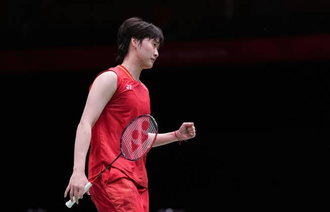 (260926) -- ICHINOMIYA, Sept. 26, 2026 -- Chen Yufei of China celebrates during the 3rd round women s singles badminton match against Nguyen Thuy Linh of Vietnam at the 20th Asian Games Aichi-Nagoya 2026 in Ichinomiya of Aichi Prefecture, Japan, Sept. 26, 2026. ) (SP)JAPAN-ICHINOMIYA-ASIAN GAMES-BADMINTON-WOMEN S SINGLES LixBo 