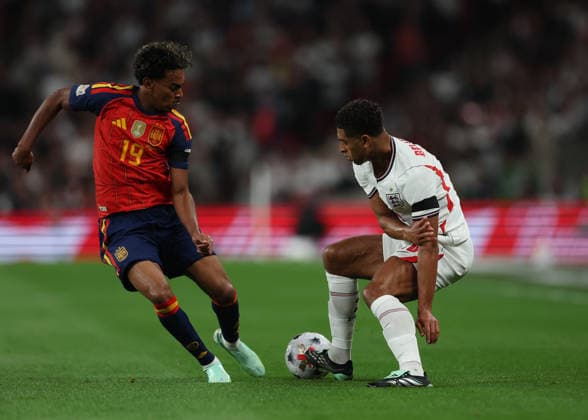 RECORD DATE NOT STATED 26th September 2026; Wembley Stadium, London, England; UEFA Nations League Football, England versus Spain; Jude Bellingham of England under pressure from Lamine Yamal of Spain JohnxPatrickxFletcher
