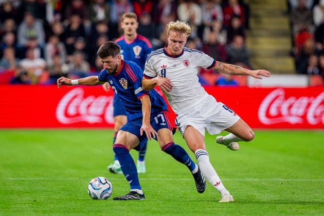 CZECHIA - CROATIA Adam Karabec of Czechia and AC Sparta Praha and Petar Sucic of Croatia and Inter Milan during UEFA Nations League - League A - Group A3 - Matchday 1 - football match between Czechia and Croatia. Fortuna Arena, Eden, Stadion, Prague, Czechia September 26, 2026. Photo by Branislav Racko Copyright: xx 080A9114