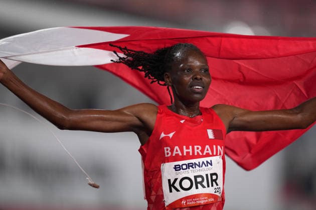 (260926) -- NAGOYA, Sept. 26, 2026 -- Nelly Korir of Bahrain celebrates after the women s 1500m final of Athletics at the 20th Asian Games Aichi-Nagoya 2026 in Nagoya, Japan, Sept. 26, 2026. ) (SP)JAPAN-NAGOYA-ASIAN GAMES-ATHLETICS-WOMEN S 1500M LuixSiuxWai 