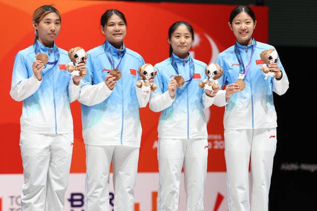 (260926) -- TOKONAME, Sept. 26, 2026 -- Bronze medalists team China pose during the awarding ceremony for the women s foil team of Fencing at the 20th Asian Games Aichi-Nagoya 2026 in Tokoname, Aichi Prefecture, Japan, Sept. 26, 2026. ) (SP)JAPAN-TOKONAME-ASIAN GAMES-FENCING-WOMEN S FOIL TEAM YaoxQilin 