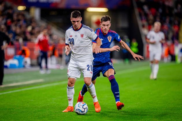 CZECHIA - CROATIA Jiri Slama of Czechia and Jablonec and Luka Sucic of Croatia and Real Sociedad during UEFA Nations League - League A - Group A3 - Matchday 1 - football match between Czechia and Croatia. Fortuna Arena, Eden, Stadion, Prague, Czechia September 26, 2026. Photo by Branislav Racko Copyright: xx 080A9144