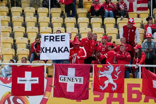Soccer: UEFA Nations League 2026–2027, September 26, 2026, North Macedonia vs. Switzerland, Todor Proeski National Arena, Swiss fans, Free Xhaka Copyright: xValentinxDomgjonix