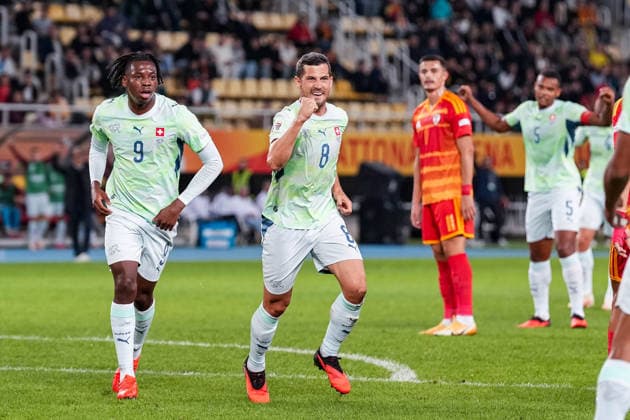 Soccer: UEFA Nations League 2026–2027, September 26, 2026, North Macedonia vs. Switzerland, National Arena Todor Proeski, Remo Freuler 8, Switzerland scores 1–0 for the Swiss national team, goal, goal celebration, Johan Manzambi 9, Switzerland, celebration Copyright: xValentinxDomgjonix