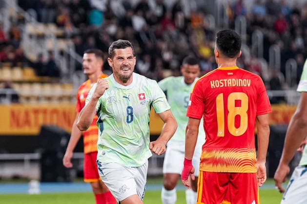 Soccer: UEFA Nations League 2026–2027, September 26, 2026, North Macedonia vs. Switzerland, National Arena Todor Proeski, Remo Freuler 8, Switzerland scores to make it 1–0 for the Swiss national team, goal, goal celebration Copyright: xValentinxDomgjonix