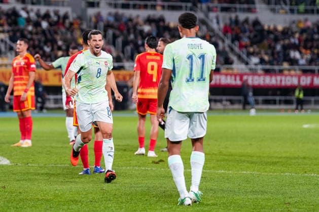Soccer: UEFA Nations League 2026–2027, September 26, 2026, North Macedonia vs. Switzerland, National Arena Todor Proeski, Remo Freuler 8, Switzerland scores 1–0 for the Swiss national team, goal, goal celebration, Dan Ndoye 11, Switzerland Copyright: xValentinxDomgjonix