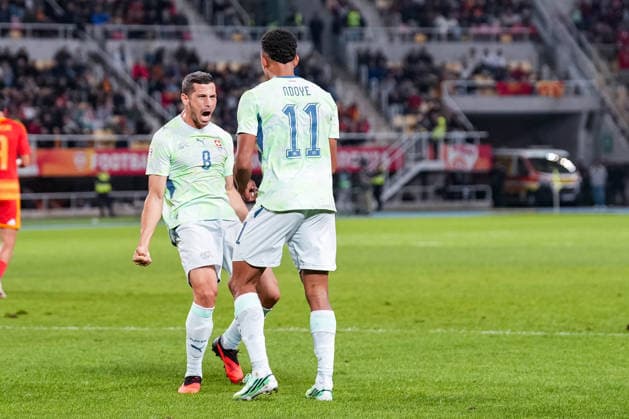 Soccer: UEFA Nations League 2026–2027, September 26, 2026, North Macedonia vs. Switzerland, National Arena Todor Proeski, Remo Freuler 8, Switzerland scores 1–0 for the Swiss national team, goal, goal celebration, Dan Ndoye 11, Switzerland Copyright: xValentinxDomgjonix