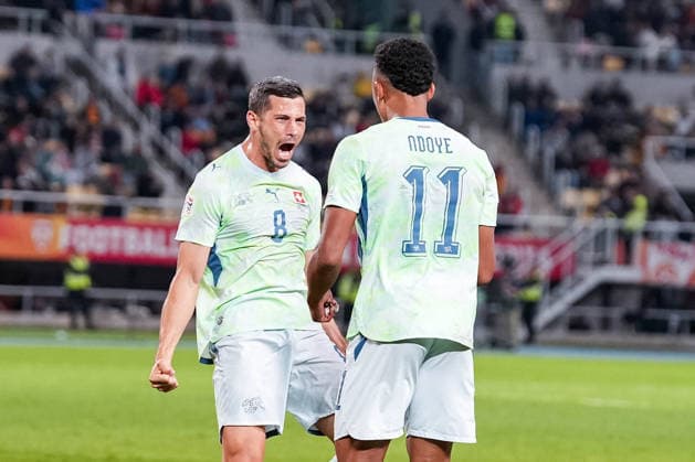 Soccer: UEFA Nations League 2026–2027, September 26, 2026, North Macedonia vs. Switzerland, National Arena Todor Proeski, Remo Freuler 8, Switzerland scores 1–0 for the Swiss national team, goal, goal celebration, Dan Ndoye 11, Switzerland Copyright: xValentinxDomgjonix