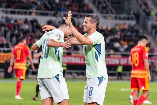 Soccer: UEFA Nations League 2026–2027, September 26, 2026, North Macedonia vs. Switzerland, National Arena Todor Proeski, Remo Freuler 8, Switzerland scores 1–0 for the Swiss national team, goal, goal celebration, Zeki Amdouni 10, Switzerland Copyright: xValentinxDomgjonix