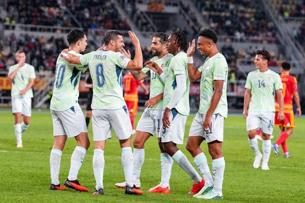 Soccer: UEFA Nations League 2026–2027, September 26, 2026, North Macedonia vs. Switzerland, National Arena Todor Proeski, Remo Freuler 8, Switzerland scores to make it 1–0 for the Swiss national team, goal, goal celebration Copyright: xValentinxDomgjonix