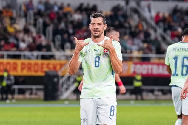 Soccer: UEFA Nations League 2026–2027, September 26, 2026, North Macedonia vs. Switzerland, National Arena Todor Proeski, Remo Freuler 8, Switzerland scores to make it 1–0 for the Swiss national team, goal, goal celebration Copyright: xValentinxDomgjonix