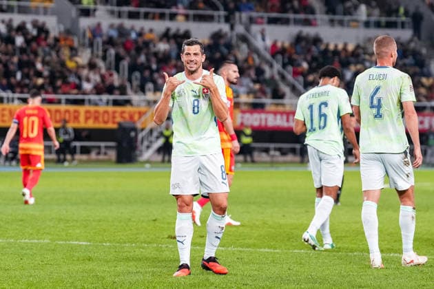 Soccer: UEFA Nations League 2026–2027, September 26, 2026, North Macedonia vs. Switzerland, National Arena Todor Proeski, Remo Freuler 8, Switzerland scores to make it 1–0 for the Swiss national team, goal, goal celebration Copyright: xValentinxDomgjonix