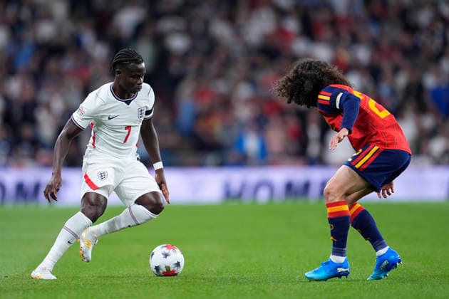 September 26, 2026, London, London, England: Bukayo Saka of England in action against Marc Cucurella of Spain during the UEFA Nations League 2026 27 League Phase MD1 Group A3 match between England and Spain at Wembley Stadium on September 26, 2026, in London, England. England V Spain - UEFA Nations League 2026 27 League Phase MD1 Group A3  - ZUMAa181 20260926_zaa_a181_119 Copyright: xDennisxAgyemanx