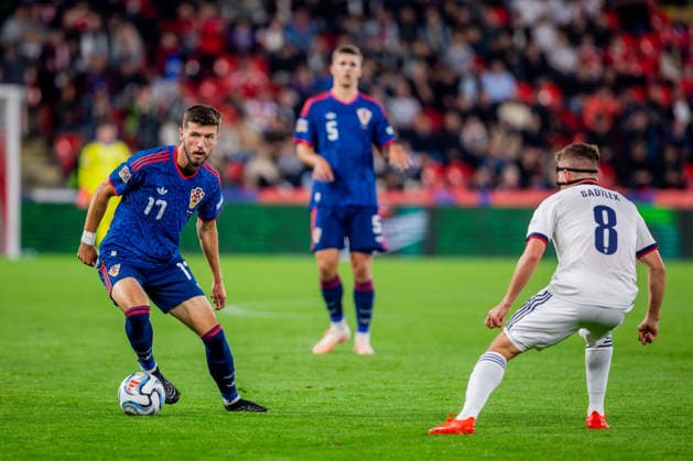 CZECHIA - CROATIA Michal Sadilek of Czechia and SK Slavia Praha and Petar Sucic of Croatia and Inter Milan during UEFA Nations League - League A - Group A3 - Matchday 1 - football match between Czechia and Croatia. Fortuna Arena, Eden, Stadion, Prague, Czechia September 26, 2026. Photo by Branislav Racko Copyright: xx 080A9013