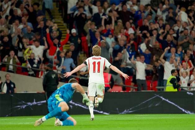 RECORD DATE NOT STATED Football - UEFA Nations League - Group A3 - England v Spain LONDON, ENGLAND - Saturday, September 26, 2026: England s Anthony Gordon celebrates after scoring the first equalising goal during the UEFA Nations League Group A3 match between England and Spain at Wembley Stadium. (Photo by Thomas Major Propaganda) LONDON Wembley Stadium GREATER LONDON ENGLAND  Copyright: xThomasxMajorx 2026-09-26-England_v_Spain-066